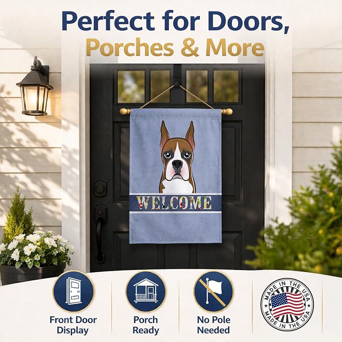 Caroline's Treasures BB1409CHF Boxer Welcome House Flag, Blue Large Porch Sleeve Pole Decorative Outside Yard Banner Artwork Wall Hanging, Polyester, House Size, Multicolor