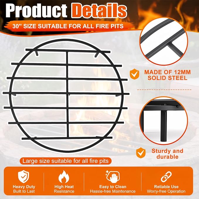 30 Inch Fire Pit Grate Round Heavy-Duty Solid Steel Fire Pit Grate with Elevated Legs, Multi-Functional Log Holder for Fireplace Outdoor Camping, Backyard Barbecue, Cooking