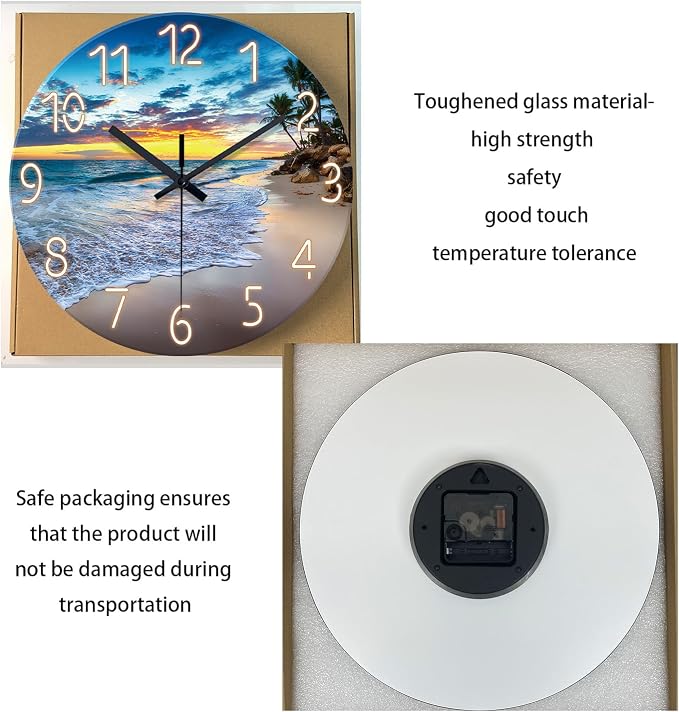 Glass Beach Wall Clocks Battery Operated 16 Inches or Larger | Analog Wall Clock Silent Non Ticking Blue Ocean Wall Clock for Living Room Bedroom Bedroom Kitchen Office
