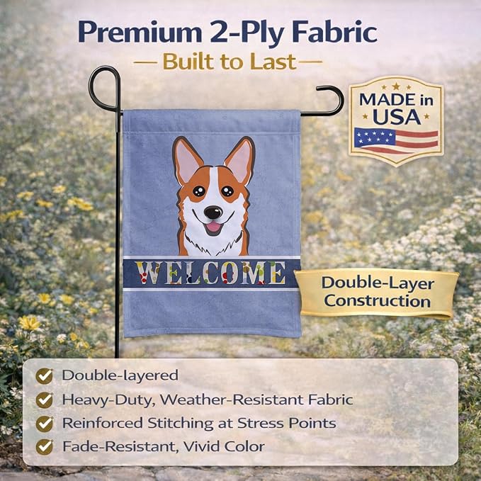 Caroline's Treasures BB1440GF Red Corgi Welcome Garden Flag, Blue Mailbox Flag Decorative Yard Flag Banner Outside Patio Artwork Yard Flower Beds, Garden Size, Multicolor