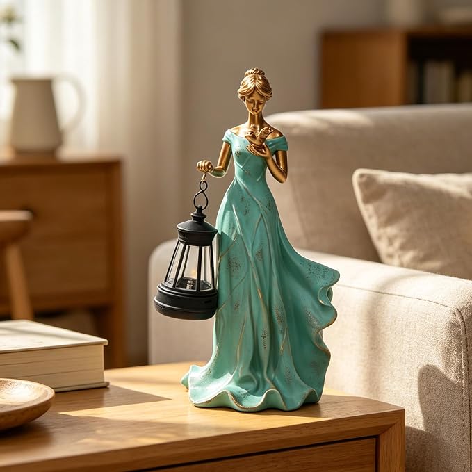 Solar Garden Statue Outdoor - Fairy Angel Statue Holding a Lantern, Waterproof Resin Vintage Green Girl Decoration for Yard Lawn for Woman Mom Grandma