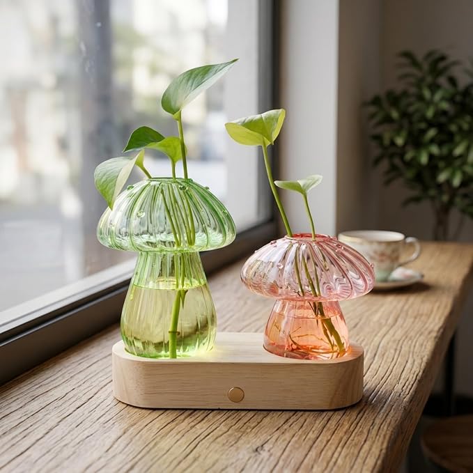 LED Mushroom Glass Propagation Vase with Wooden Base, Hydroponic Plant Holder, Ambient Night Light for Desk, Bedroom & Living Room, Cute Home Decor Gift for Plant Lovers