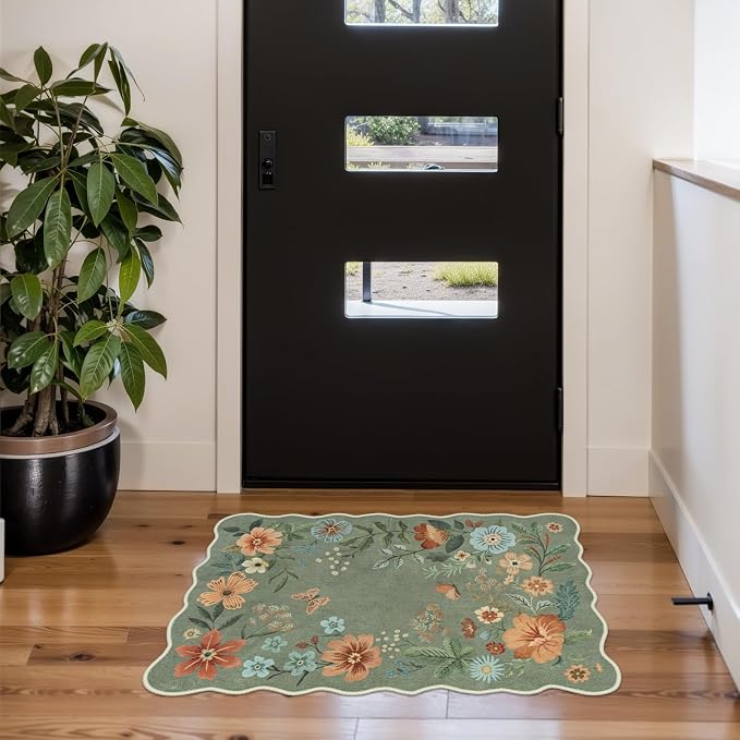 Lahome Floral Rugs for Entryway, 2X3 Washable Kitchen Rugs Ultra-Thin Soft Rug, Non Slip Indoor Door Mat Stain Resistant Boho Small Flore Throw Carpet for Bathroom Bedroom (2x3ft,Green)