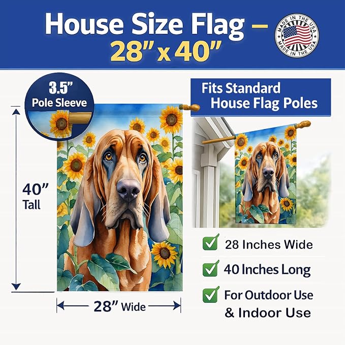 Caroline's Treasures DAC6029CHF Bloodhound in Sunflowers House Flag Large Porch Sleeve Pole Decorative Outside Yard Banner Artwork Wall Hanging, Polyester, House Size, Multicolor