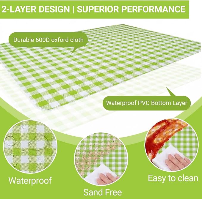 Waterproof Foldable Picnic Blanket Outdoor with Carry Strap,80"X60" Extra Large Beach Blanket Sandproof,Portable Soft Gingham Picnic Mat for Camping Travel Hiking Family Concerts Park(Green)