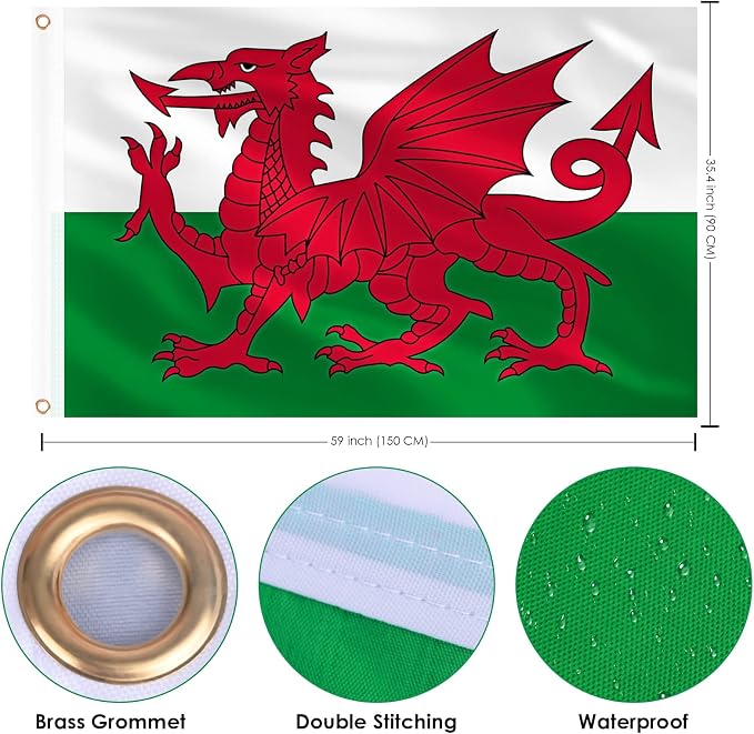 AhfuLife 2 Pcs Wales Flag 3x5 Ft, Large Wales Flag for Outside - Double Side with Brass Eyelets for Olympic Party Decorations, Bar Garden Street Decoration Indoor Outdoor