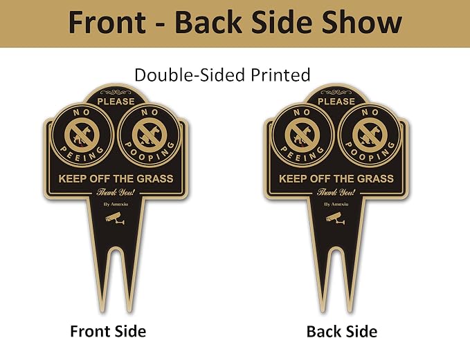 Amexiu No Dog Pooping Peeing Sign, Keep Dog off Grass Yard Lawn Sign, Double Sided 15 x 9.5 X 0.08 Inches Rust Free, Easy Mounting Durable Ink Black Gold Color, 2 Pack