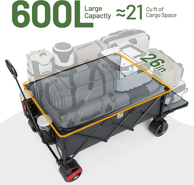 Timber Ridge 600L Beast Wagon 55.25" L Folding Cart with w/Big Wheels | Cargo Net & Tailgate, 26" W Extra Wide, 500lbs Heavy Duty All Terrain Collapsible Carts for Camping,Sports, Dogs, Grey
