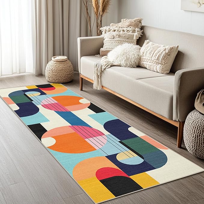 2x6 Area Rug Colorful Boho Geometric Modern Abstract Runner Rug for Kitchen Bedside Machine Washable Non-Slip Throw Rug for Bedroom Closet