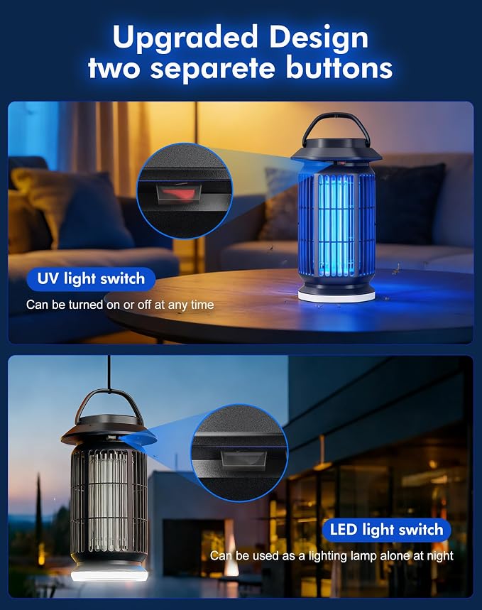 Bug Zapper Outdoor, 4000V Electric Mosquito Zapper, Fly Killer with Built-in Night Light, Insect Fly Trapper with Waterproof ABS Shell for Home, Patio & Garden, Indoor/Outdoor Use, Black