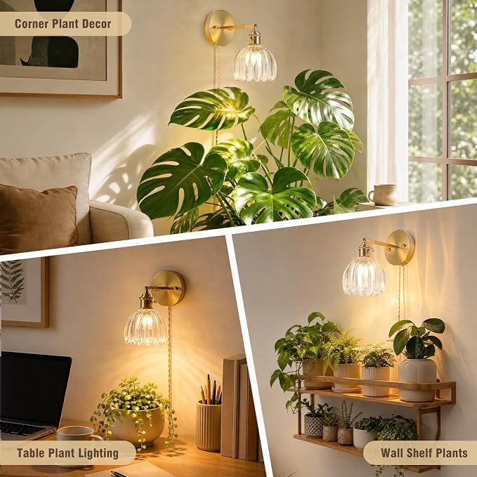 Wall Mounted Grow Lights for Indoor Plants with Vintage Tulip Glass Shade, Switch and Power Cord, Decorative Hanging Plants Light for Growing