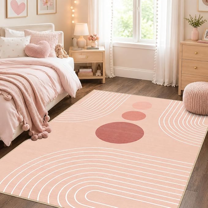 Boho Rug 3x5 Modern Geometric Minimalist Abstract Line Area Rug for Entryway Living Room Pink Mid Century Modern Machine Washable Non-Slip Printed Low-Pile Floor Carpet for Kitchen Bedroom Pink