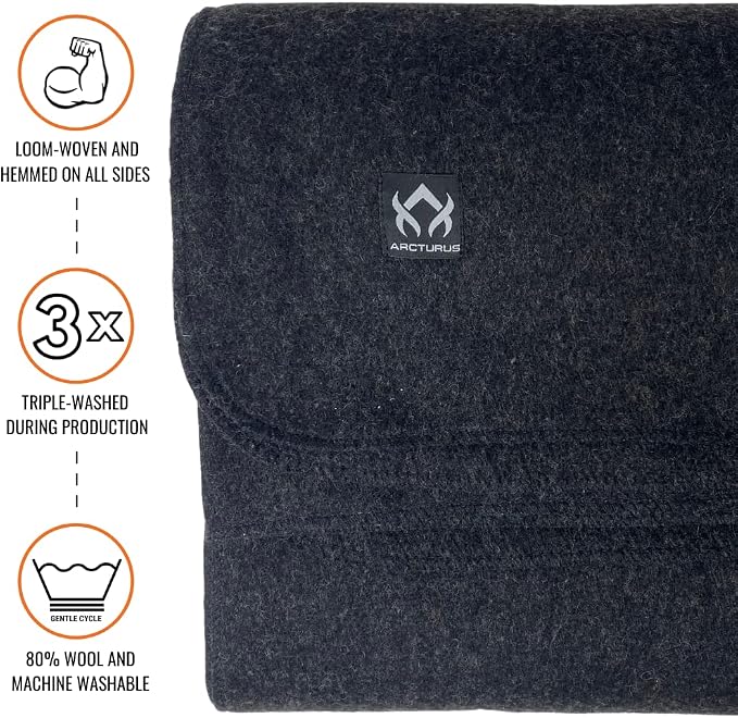 Arcturus Military Wool Blanket - Warm, Thick, Washable - Great for Outdoors, Camping, Stadium Blanket, Picnics, Travel - Car & Bushcraft Survival Kits
