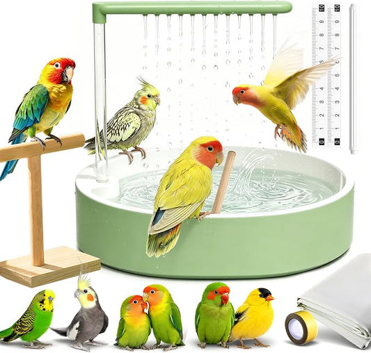 Bird Shower Bath Set for Budgies, Cockatiels & Small Parrots, Indoor Bird Bath Shower with Waterproof Splash Mat, Bird Perch Stand and Bath Accessories