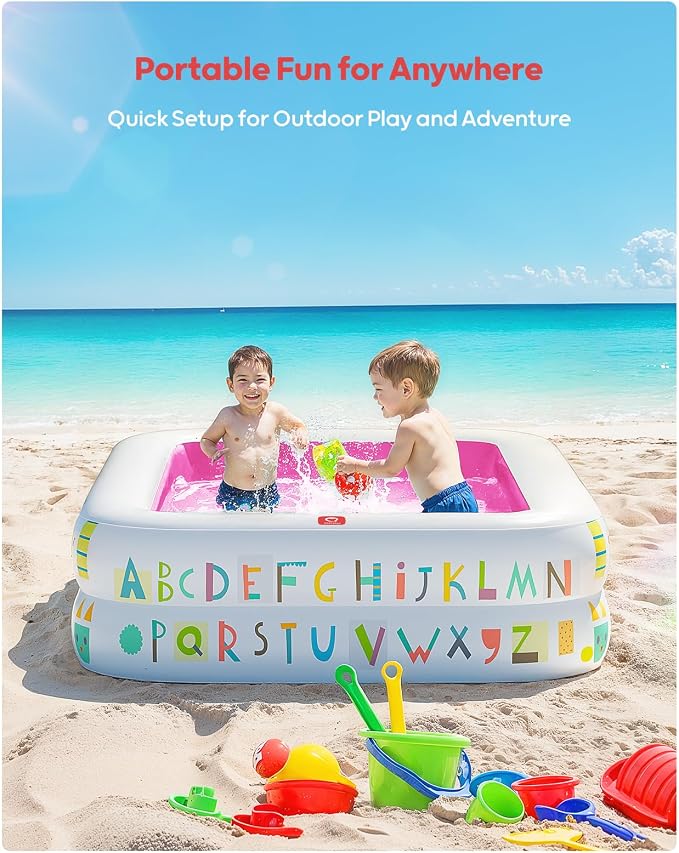 QPAU Kiddie Pool, Alphabet and Number Design, 65 x 39 in, Pink | Inflatable Design with Soft Floor, Converts to a Ball Pit for Kids and Toddlers, for Indoor and Backyard Play