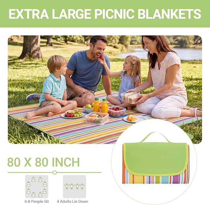 Waterproof Foldable Picnic Blanket Outdoor with Carry Strap,80"X60" Extra Large Beach Blanket Sandproof,Portable Soft Gingham Picnic Mat for Camping Travel Hiking Family Concerts Park(Yellow)