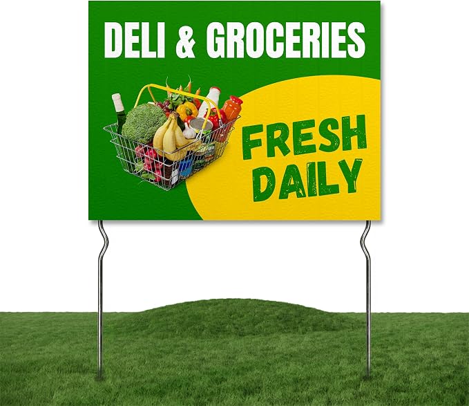 Deli & Groceries - Fresh Daily! Yard Sign by DC | 24"x18" Double Sided Conv. Store Garden Sign with 13” Metal Stakes | Outdoor Signs Waterproof for Lawn, Patio, Sidewalk & House | Set of 4