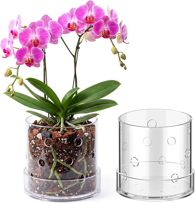 5 Inch Clear Acrylic Orchid Planter Pot with 360° Round Holes & Tray, Thick Acrylic Vented Planter for Phalaenopsis, Root Airflow, Bottom Watering & Indoor Orchid Repotting