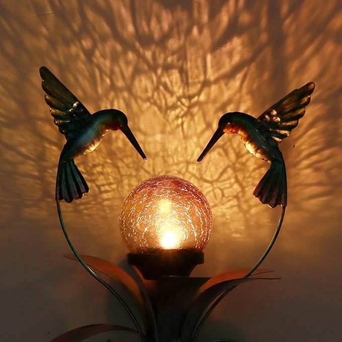 Decorative Solar Outdoor Light, Hummingbird Glass Globe Stake For Lawn Yard | Solar Hummingbird Lights With Wind Spinner Design, Crackle Glass Globe, Auto On/Off For Garden, Lawn, Yard