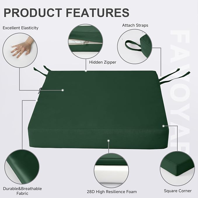 Favoyard Patio Chair Cushions 19 x 19 x 3 Inch Waterproof Outdoor Seat Cushions for Patio Furniture 3-Year Color Fastness Garden Sofa Couch Chair Pads with Handle & Adjustable Straps Set of 2, Green
