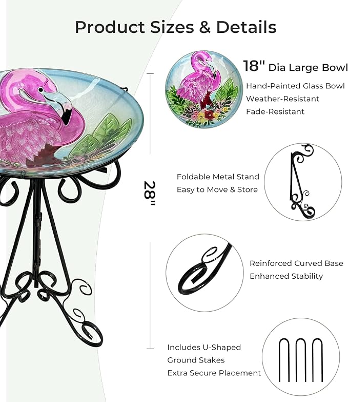Large Bird Bath for Outside, 18" H Glass Bath Bowl with Metal Stand 28" H Standing Outdoor Birdbaths for Garden Yard Lawn Decor, Flamingo