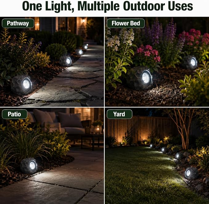 Solar Rock Lights Outdoor – 2 Pack Waterproof LED Landscape Garden Spotlights, Realistic Stone Design, Wireless Solar Powered Pathway Lights for Yard, Walkway, Patio & Lawn Decoration (Auto On/Off)