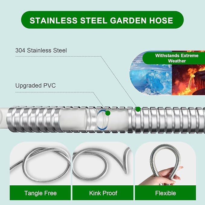 Metal Short Garden Hose 6 ft, 8 ft, 12 ft Flexible Stainless Steel Garden Hose 15 ft, 30 ft, 50 ft Heavy Duty Water Hose Flexible Water Hose (12FT)