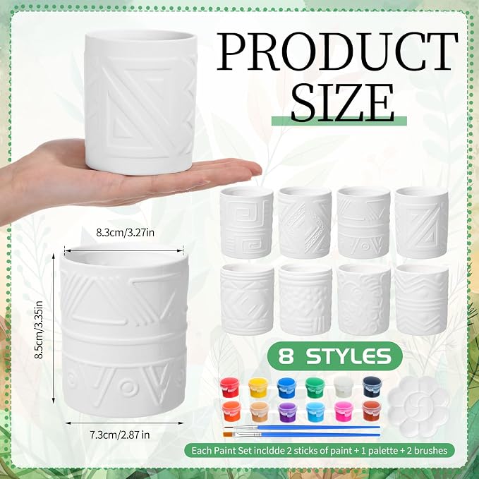 Zubebe 12 Pcs Paint Your Own Flower Ceramic Pots with Drainage Hole, 8 Style Bohemian Unfinished Succulent Pots Painting Kit Mini Paintable Vase for Summer Spring Classroom Craft Gift DIY Art Activity