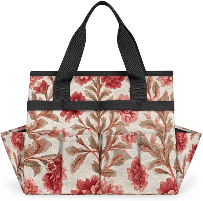 Garden Tote Bag with 10 Pockets Vintage Flowers Heavy Duty Gardening Bags for Tools Organizer Storage Bag with Handle for Garden Lawn Yard Casual