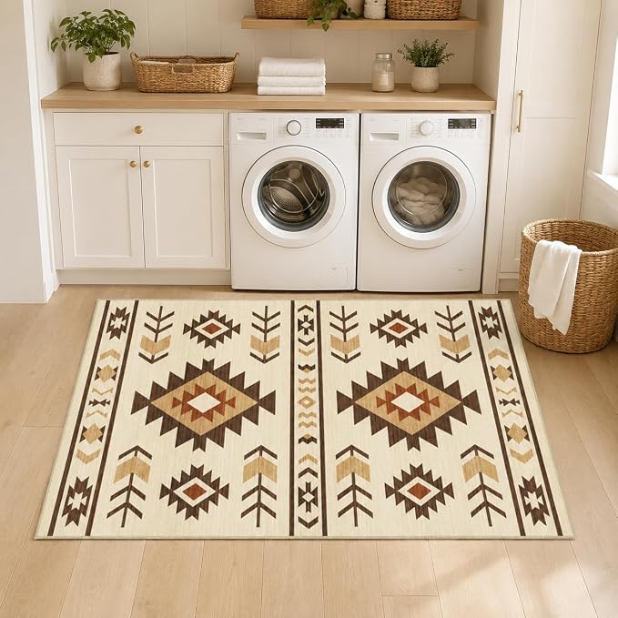 Western Rug 2x3 for Entryway Indoor Mat, Southwestern Aztec Tribal Rugs Southwest Navajo Machine Washable Entrance Rug Non-Slip Printed Low-Pile Entry Floor Carpet Doormat for Bedroom Bathroom, Camel