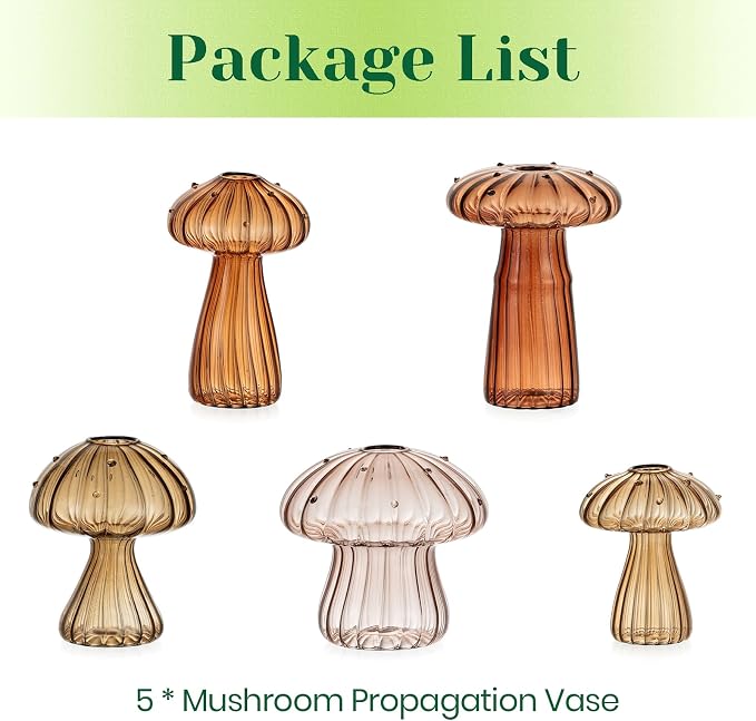 Hewory Glass Mushroom Propagation Stations: Set of 5 Unique Propagation Jars Glass Planter for Indoor Plants Home Decor - Brown Mushroom Vase Christmas Birthday Gifts for Plant Lovers Women Girls