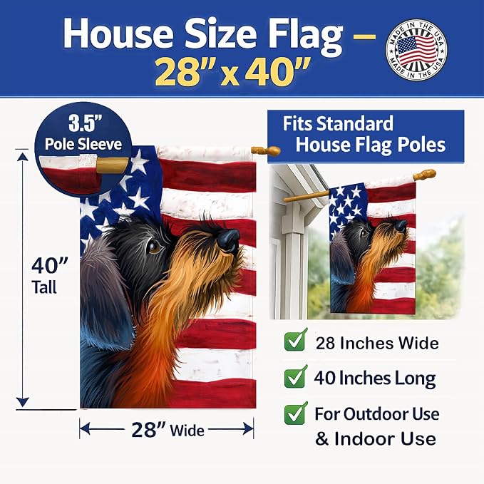 Caroline's Treasures CK6539CHF German Wirehaired Pointer American Flag House Flag Large Porch Sleeve Pole Decorative Outside Yard Banner Artwork Wall Hanging, Polyester, House Size, Multicolor