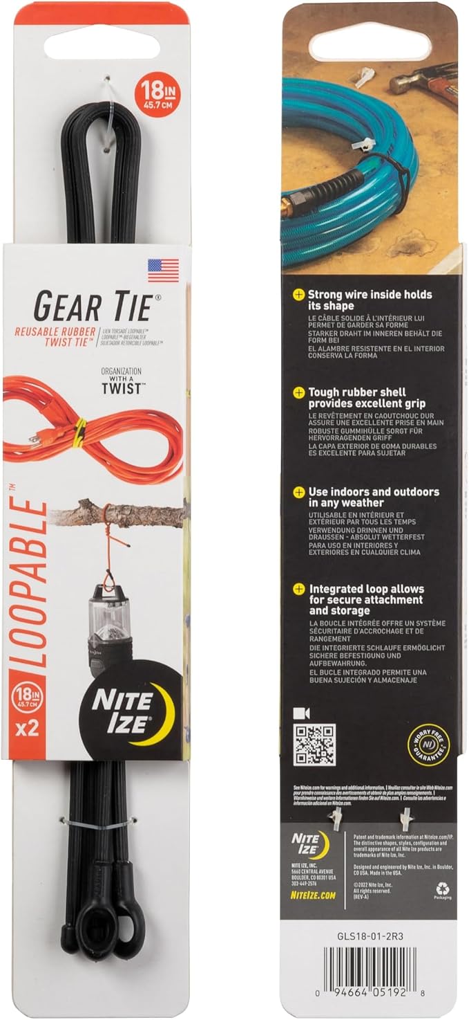 Nite Ize Gear Tie Loopable Twist Tie - Reusable & Flexible Twist Ties - Bendable Cable Ties for Gear & Cords - Loopable for Secure Fastening - 18", Black (3 Pack)