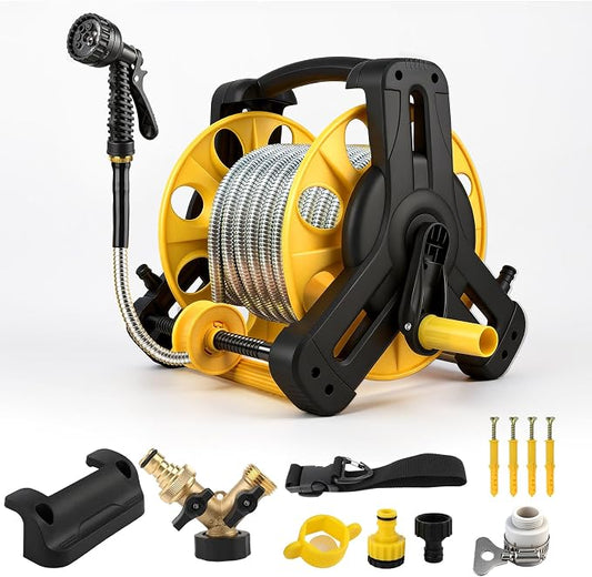 100ft Metal Garden Hose,Heavy Duty Stainless Steel Flexible Water Hose And Reel,10-Function Spray Nozzle Rust Proof for Yard,Outdoor,RV,Pet Bath