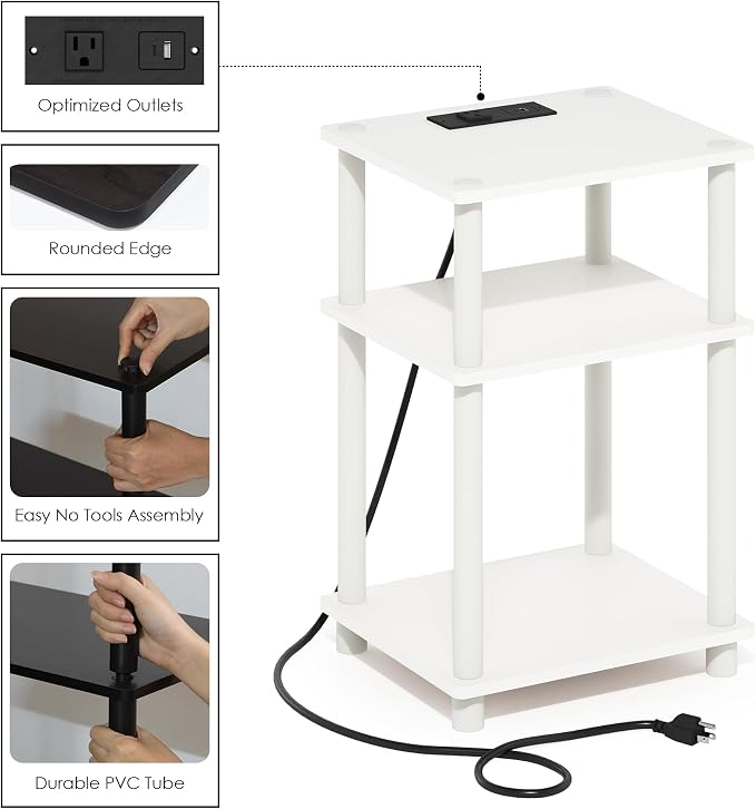 Furinno JUST Side Table, 3-Tier Modern End Table with Charging Station, Easy Assembly Night Stand, Bedside Table with USB and Type-C Port, for Living Room, Bedroom, White