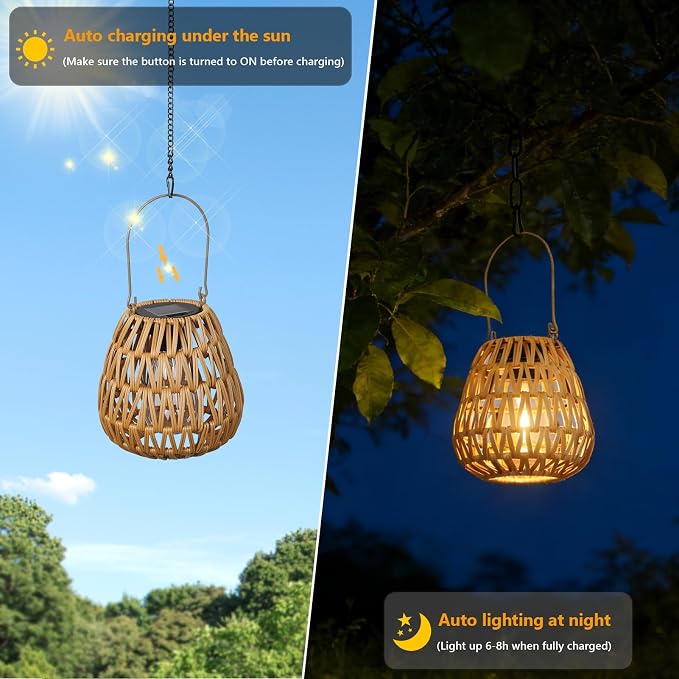 2 Pack Solar Lights Outdoor Waterproof, Rattan Solar Lantern, Hanging Outdoor Solar Lights for Yard, Outdoor Solar Lanterns Decorative, Garden Lights Solar Powered for Tree, Patio, Table Lantern Decor