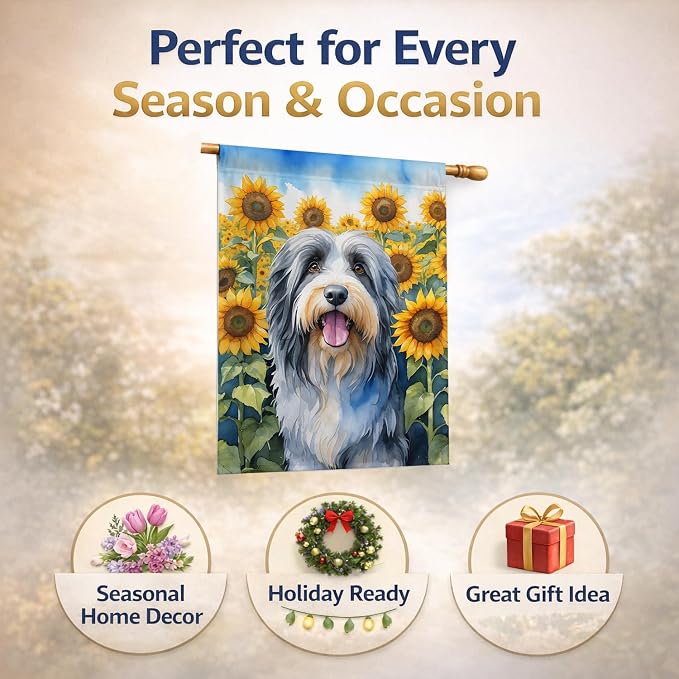 Caroline's Treasures DAC6020CHF Bearded Collie in Sunflowers House Flag Large Porch Sleeve Pole Decorative Outside Yard Banner Artwork Wall Hanging, Polyester, House Size, Multicolor