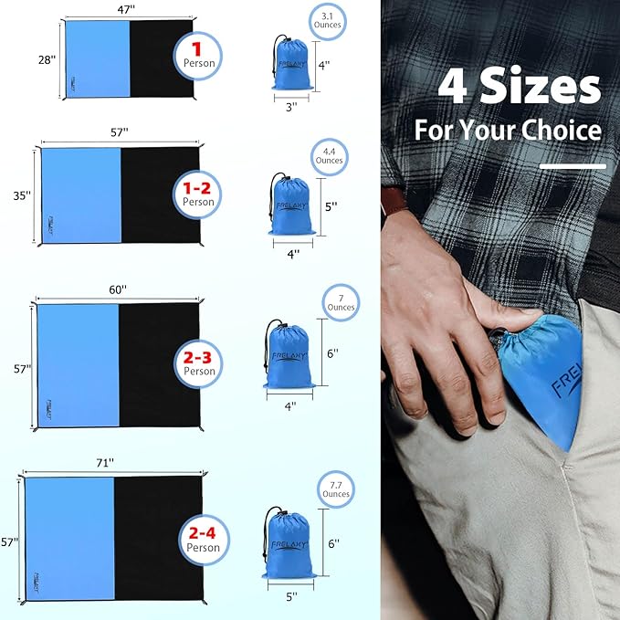 Frelaxy Pocket Picnic Blanket, Waterproof Sandproof Beach Mat, Compact Camping Tarp for Festivals, Hiking, Travel, Outdoor Recreation (Blue, 57'' x 60'')