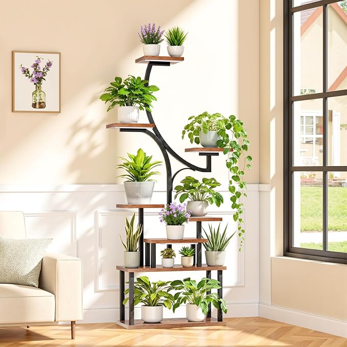 softeen Plant Stand Indoor with 4 Grow Lights & 3 Colors, 8 Tiered Corner Plant Shelf, 63" Tall Plant Stands for Indoor Plants Multiple, Metal Flower Display Shelves Holder for Home(Dark)