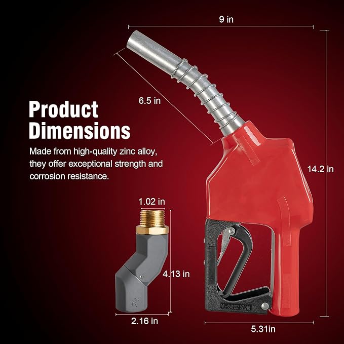 3/4" NPT Auto Shut-Off Fuel Nozzle, Gas Pump Nozzle with 3-Speed Padlock (9-16 GPM) - 360° Swivel Hose for Gasoline, Diesel, Biodiesel B20, E15 & Kerosene (RED)