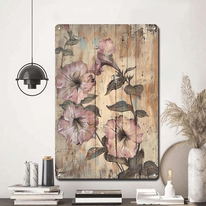 Metal Sign Tin Sign Vintage Wall Art Antique Artist's Vision Petunias Tin Sign for Rustic Wall Decor Distressed Wood Surfaces and Weat Metal Garden Sign for Room 12×16 Inches