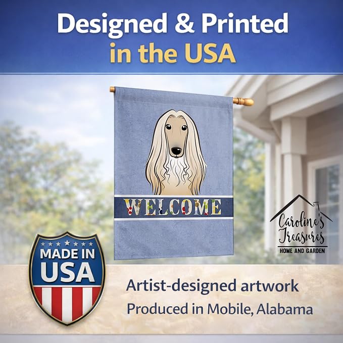 Caroline's Treasures BB1430CHF Afghan Hound Welcome House Flag, Blue Large Porch Sleeve Pole Decorative Outside Yard Banner Artwork Wall Hanging, Polyester, House Size, Multicolor