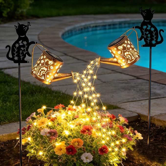 Solar-Powered Cat Watering Can Lights with Metal Cat Statue Silhouette Pillar Garden Feature Light, for Christmas, Mother's Day, Birthday Gifts, Garden, Lawn, and Courtyard Decorations