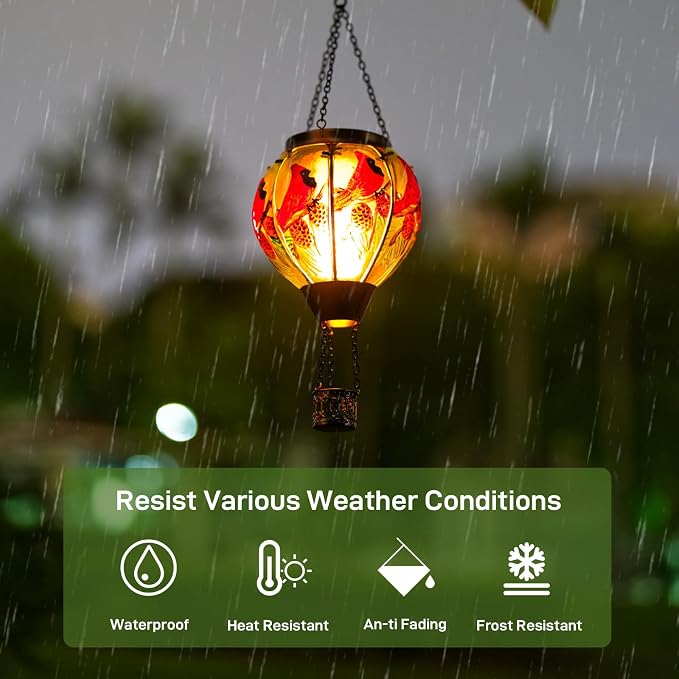 Cardinal Solar Hot Air Balloon Lantern with Flame, Glass Balloon Solar Lantern Outdoor Waterproof, Hanging Hot Air Balloon Solar Light, Cardinal Gifts for Mom Woman Christmas