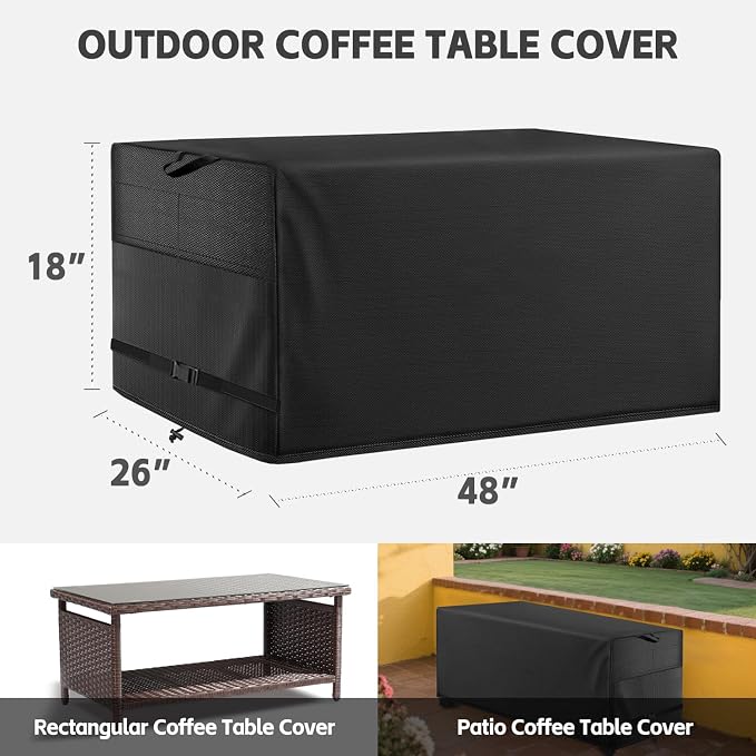 Patio Coffee Table Cover, Black, 48" L x 26" W x 18" H | Heavy Duty, Waterproof, for Outdoor Rectangular Coffee Table