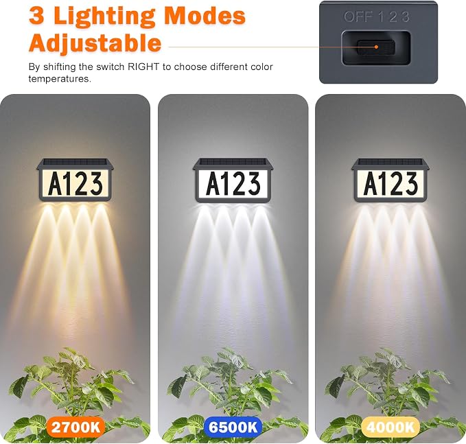 Brightever Solar Address Signs, House Number for Outside Waterproof, 3-Color LED Illuminated Address Plaques with Stake, Wall Mounted Solar Powered Light Up Address Numbers for Houses, 1-Pack, Grey