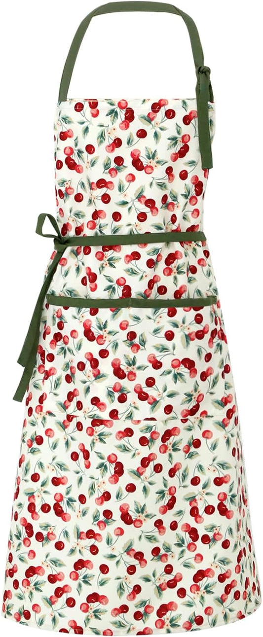 Women's Cherry Floral Print Vintage Kitchen Cooking Apron | Adjustable Tie Straps & Big Storage Pockets, Cute Gardening Pinafore, Nice Gift for Baking & Tea Lovers(Cherry red)