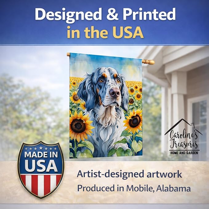 Caroline's Treasures DAC6075CHF English Setter in Sunflowers House Flag Large Porch Sleeve Pole Decorative Outside Yard Banner Artwork Wall Hanging, Polyester, House Size, Multicolor