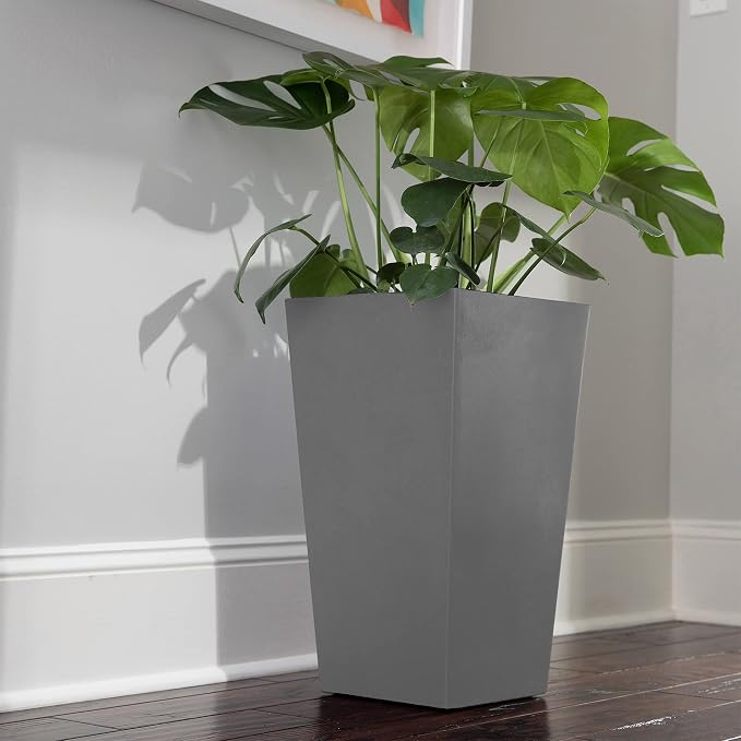 Bloem Tall Finley Tapered Square Planter: 20" - Cement Gray - Matte Textured Finish, 100% Recycled Plastic Pot, for Indoor and Outdoor Use, Gardening, 5 Gallon Capacity