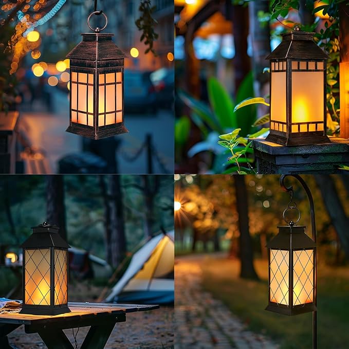 18'' Glass Solar Lantern Outdoor Waterproof, Large Hanging Solar Lanterns with Flickering Flame Lights, Metal Outdoor Lantern Decorative for Patio Garden Backyard Tabletop Mothers Day Gifts Mom
